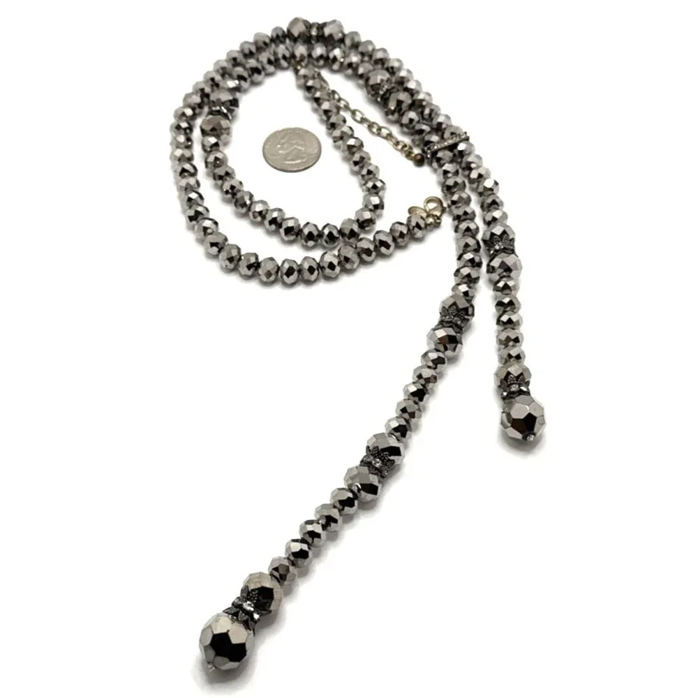 Vintage JOAN RIVERS Hematite Faceted Bead Lariat Necklace Rhinestone Accents 28